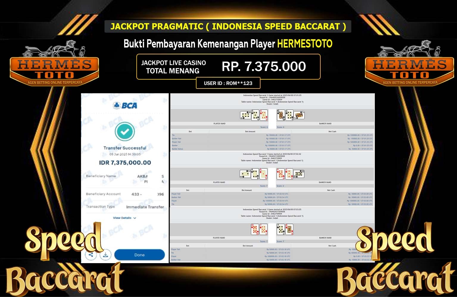 HERMESTOTO JACKPOT INDONESIA SPEED BACCARAT Rp.7.375.000,- LUNAS
