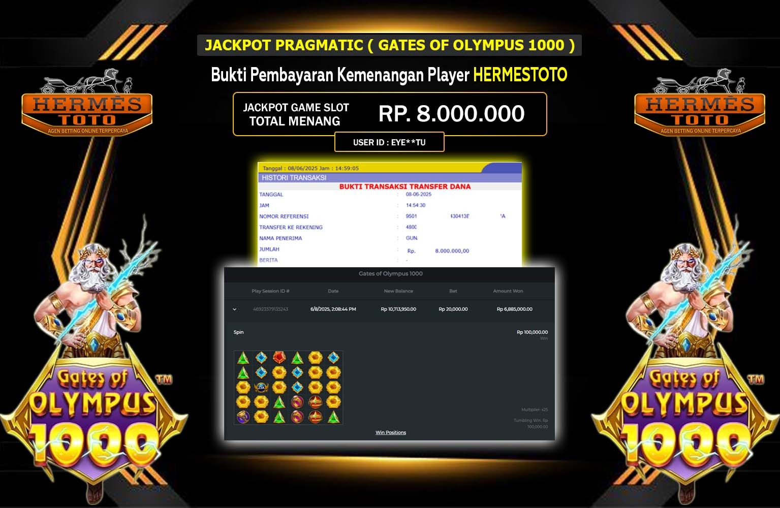 HERMESTOTO JACKPOT GATES OF OLYMPUS 1000 Rp.8.000.000,- LUNAS