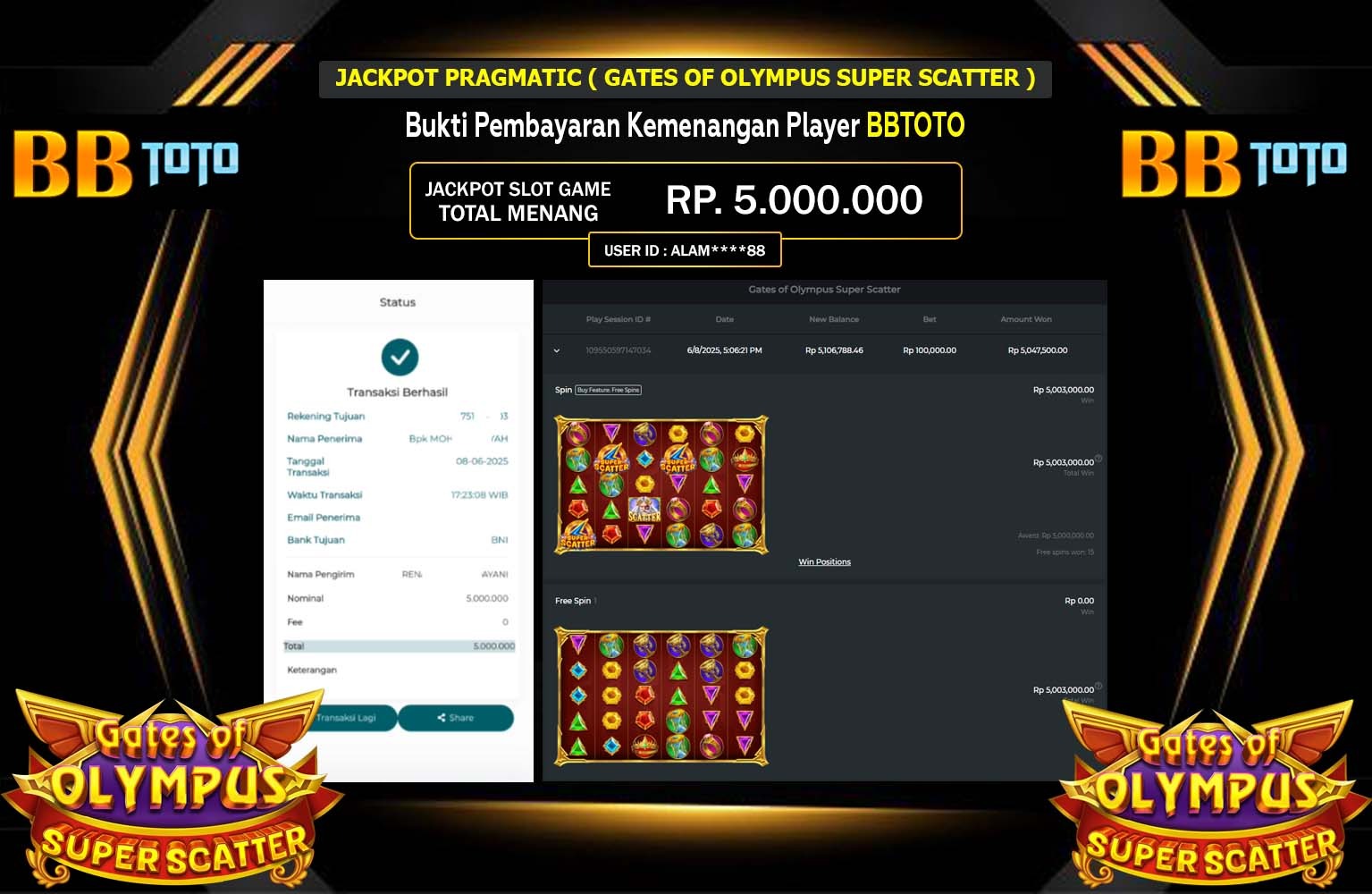 BBTOTO JACKPOT GATES OF OLYMPUS SUPER SCATTER Rp.5.000.000,- LUNAS