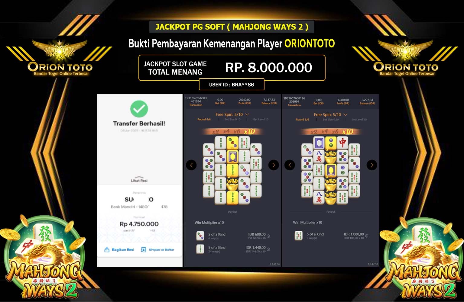 ORIONTOTO JACKPOT PG SOFT MAHJONG WAYS 2 Rp.8.000.000,- LUNAS