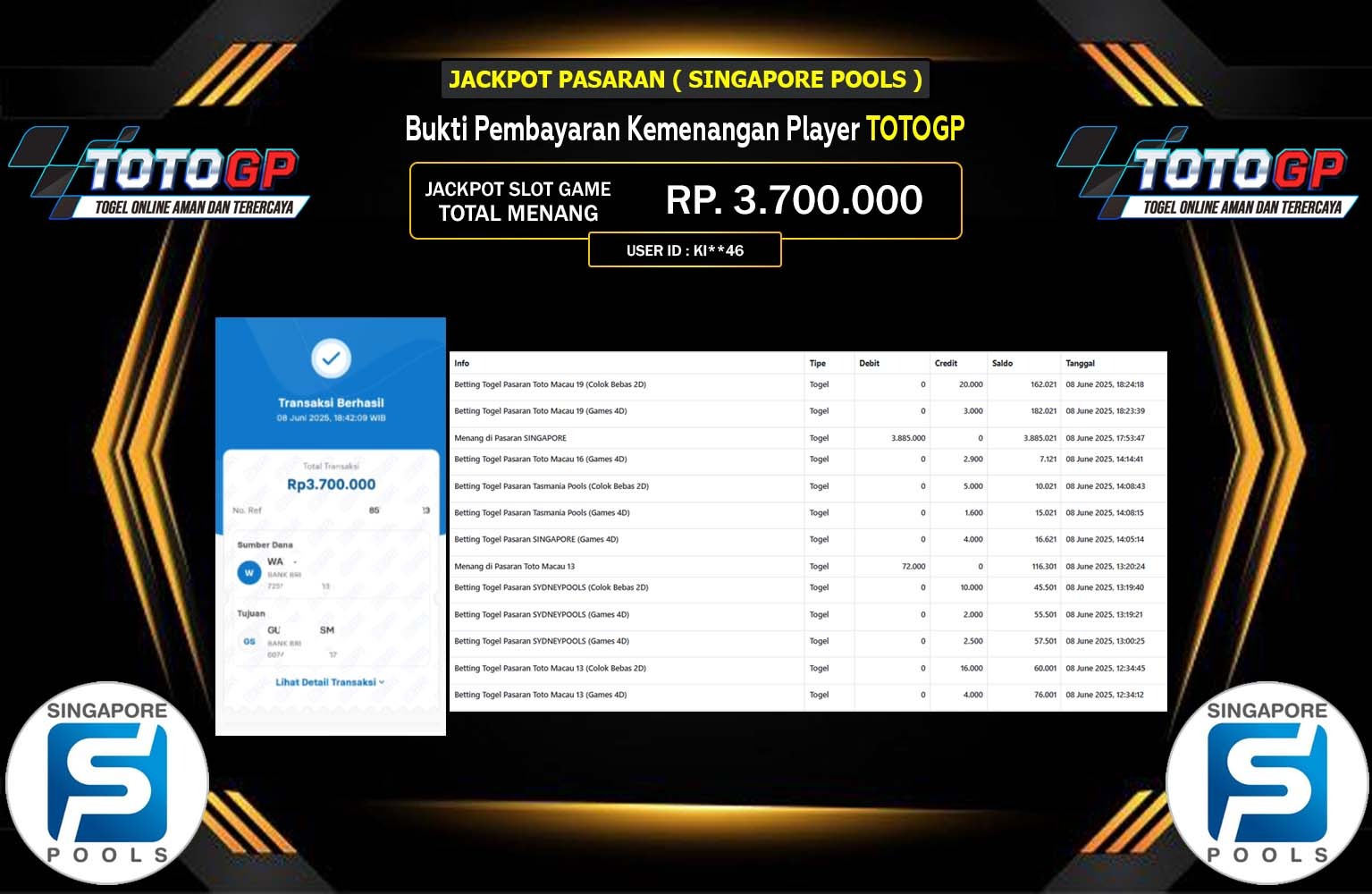 TOTOGP JACKPOT PASARAN SINGAPORE POOLS Rp.3.700.000,- LUNAS