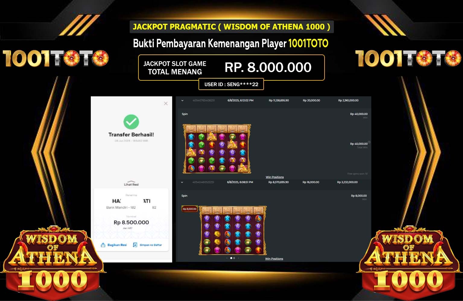 1001TOTO JACKPOT Pragmatic (Wisdom of Athena 1000) Rp.8.000.000,- LUNAS