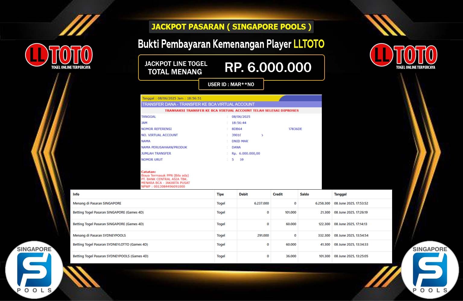 LLTOTO JACKPOT PASARAN SINGAPORE POOLS Rp.6.000.000,- LUNAS