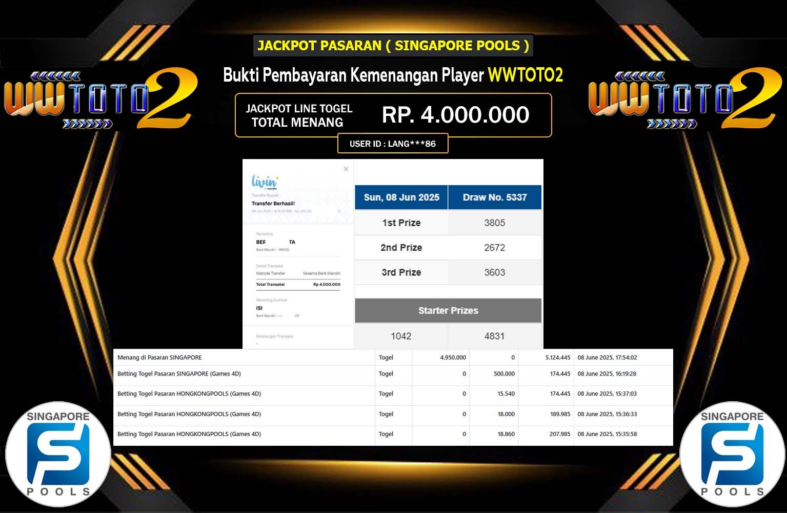 WWTOTO2 JACKPOT PASARAN SINGAPORE POOLS Rp.4.000.000,- LUNAS