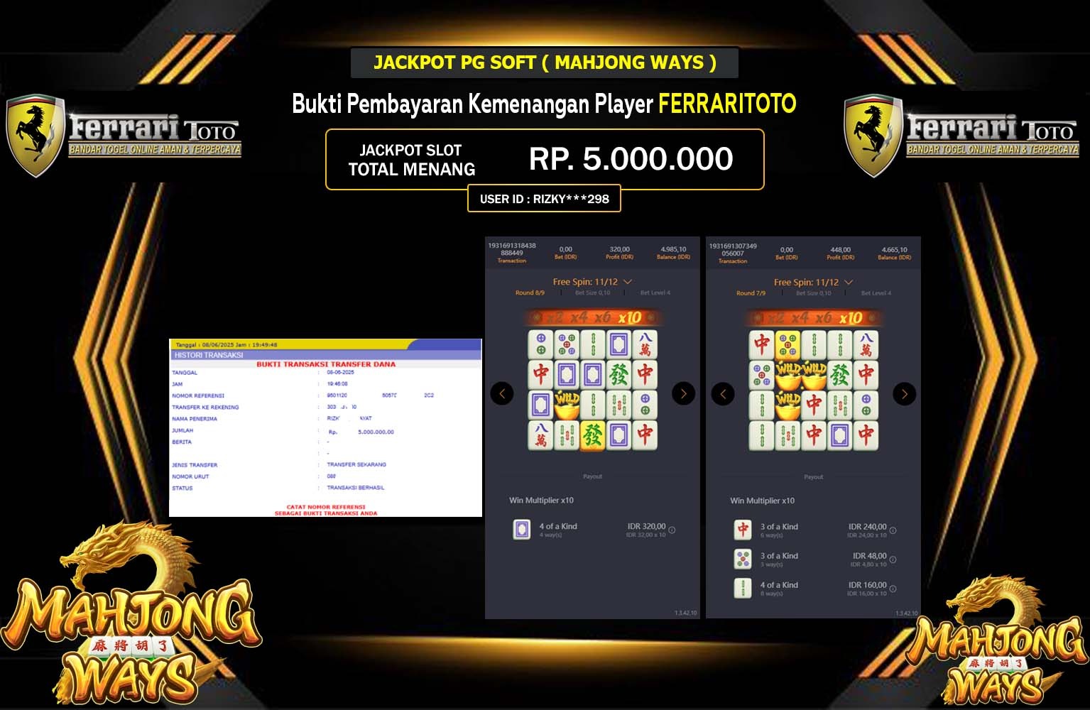 FERRARITOTO JACKPOT PG SOFT ( MAHJONG WAYS ) Rp.5.000.000,- LUNAS