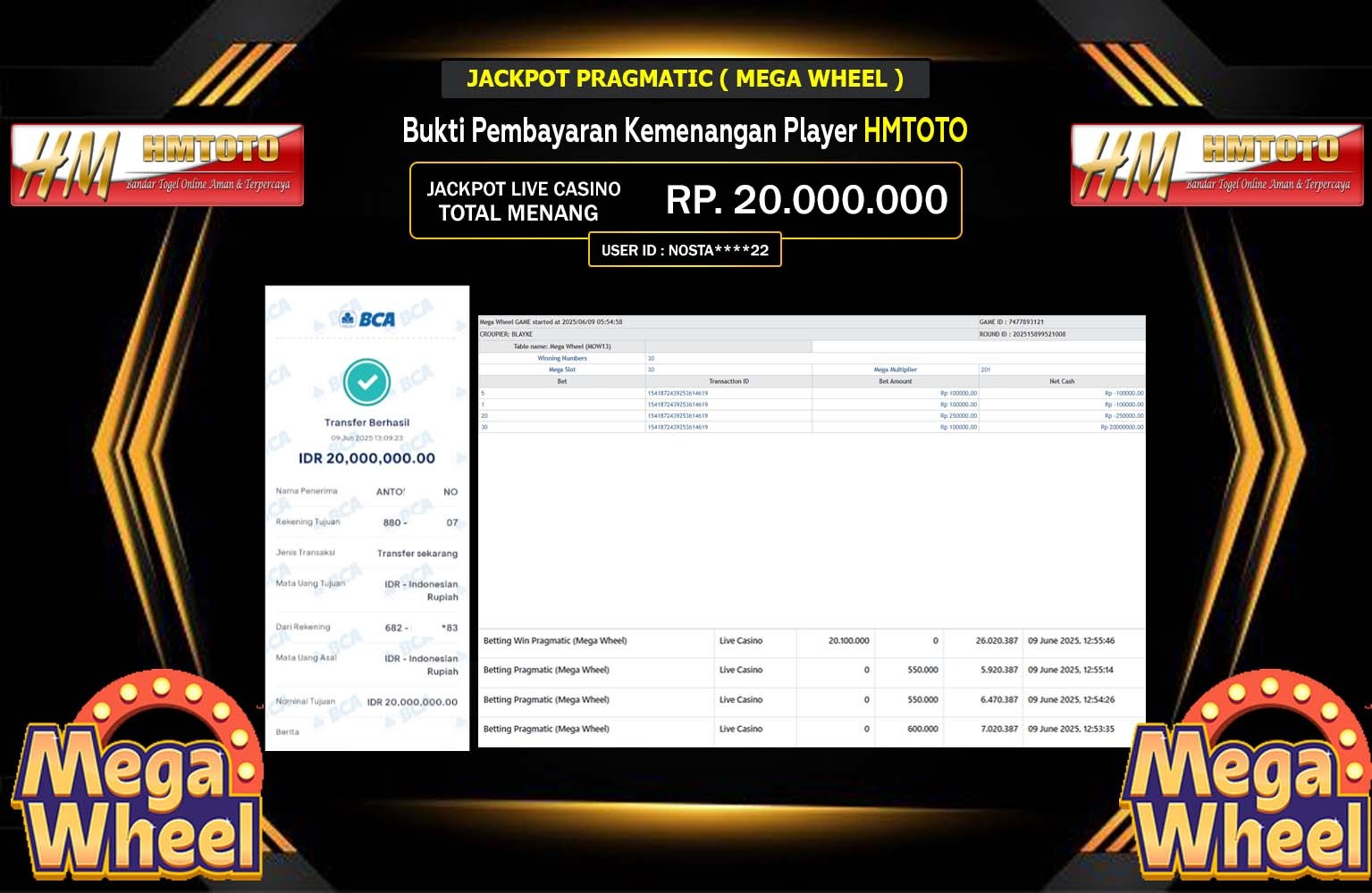 HMTOTO JACKPOT Pragmatic (Mega Wheel) Rp.20.000.000,- LUNAS