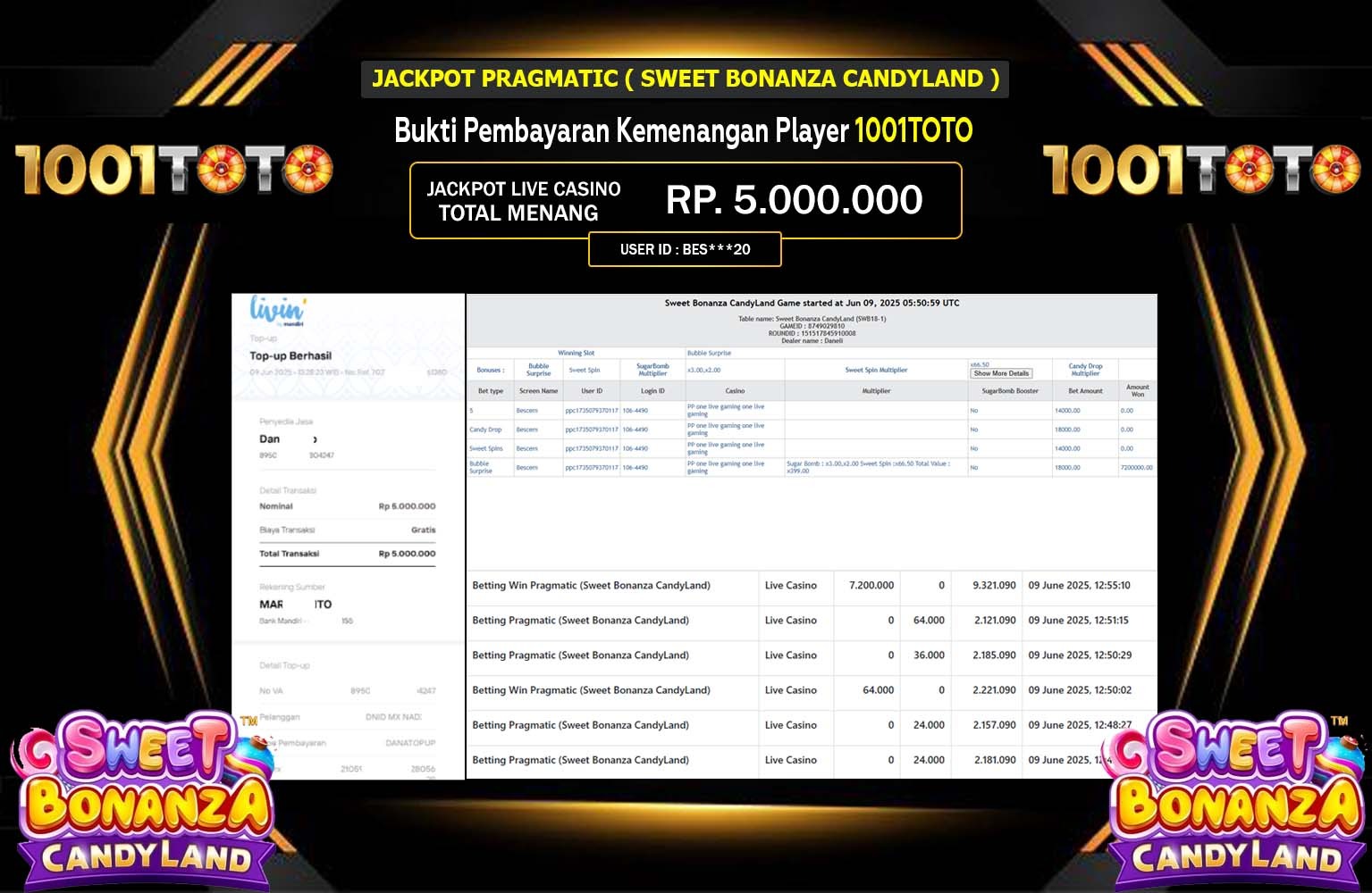 1001TOTO JACKPOT SWEET BONANZA CANDYLAND Rp.5.000.000,- LUNAS
