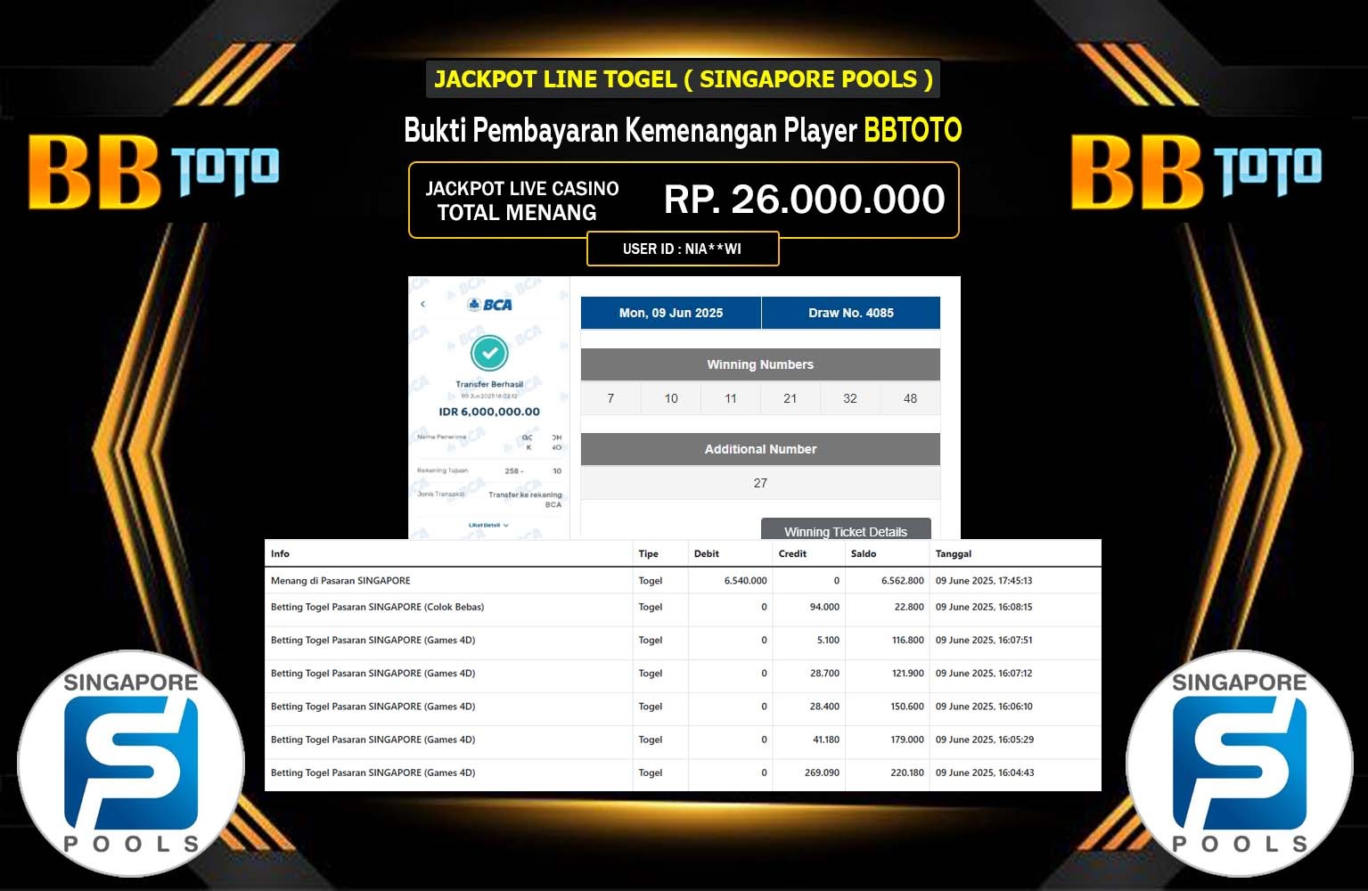 BBTOTO JACKPOT PASARAN SINGAPORE POOLS Rp.6.000.000,- LUNAS