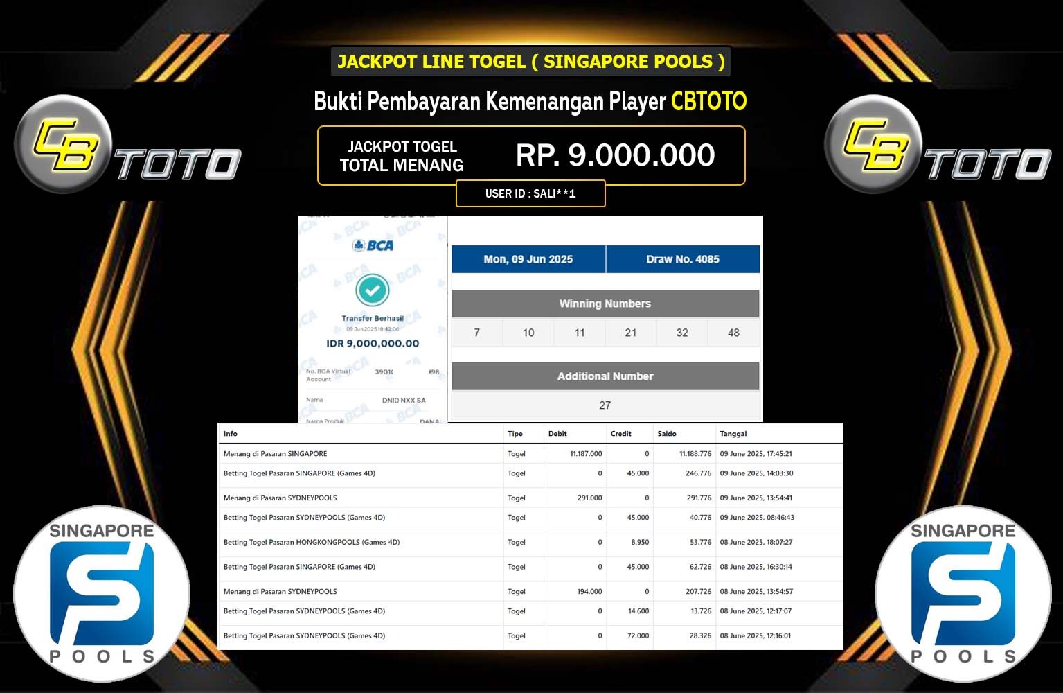 CBTOTO JACKPOT PASARAN SINGAPORE POOLS Rp.9.000.000,- LUNAS