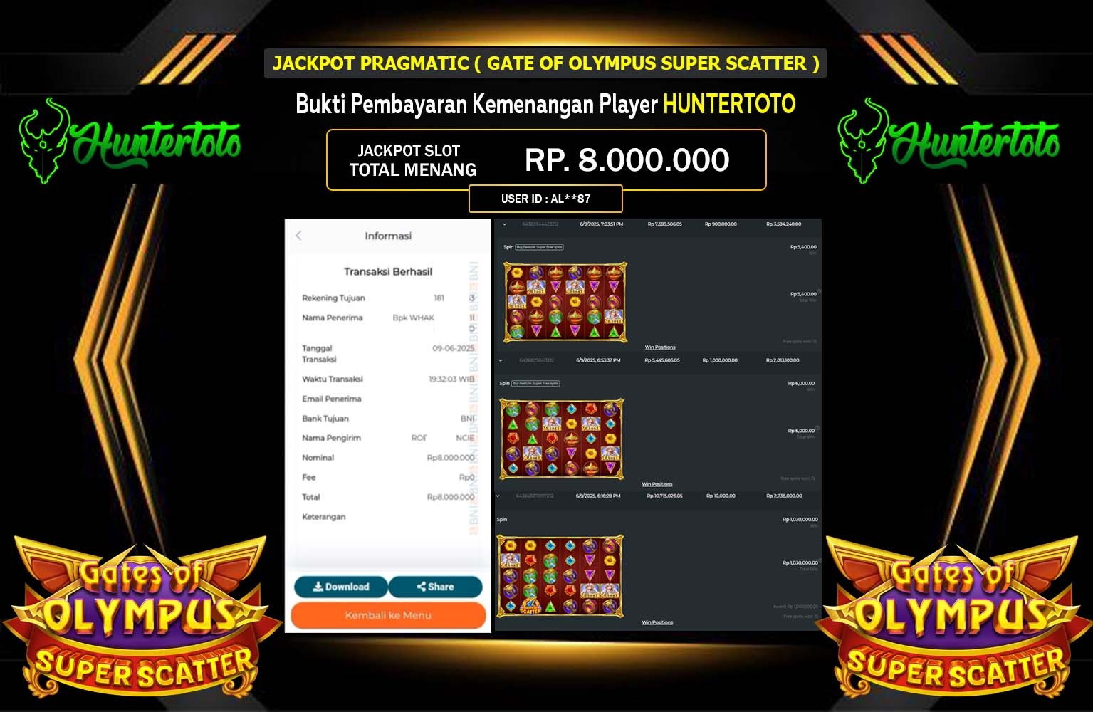 HUNTERTOTO JACKPOT GATES OF OLYMPUS SUPER SCATTER Rp.8.000.000,- LUNAS