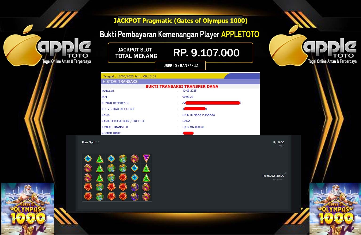 APPLETOTO JACKPOT Pragmatic (Gates of Olympus 1000) Rp.9.107.000,- LUNAS