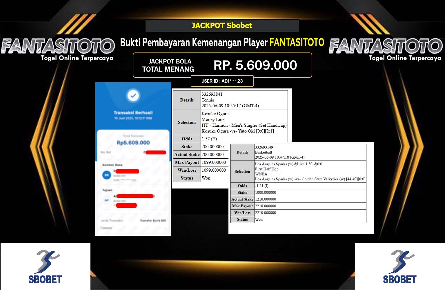 FANTASITOTO JACKPOT SBOBET  Rp.5.609.000,- LUNAS