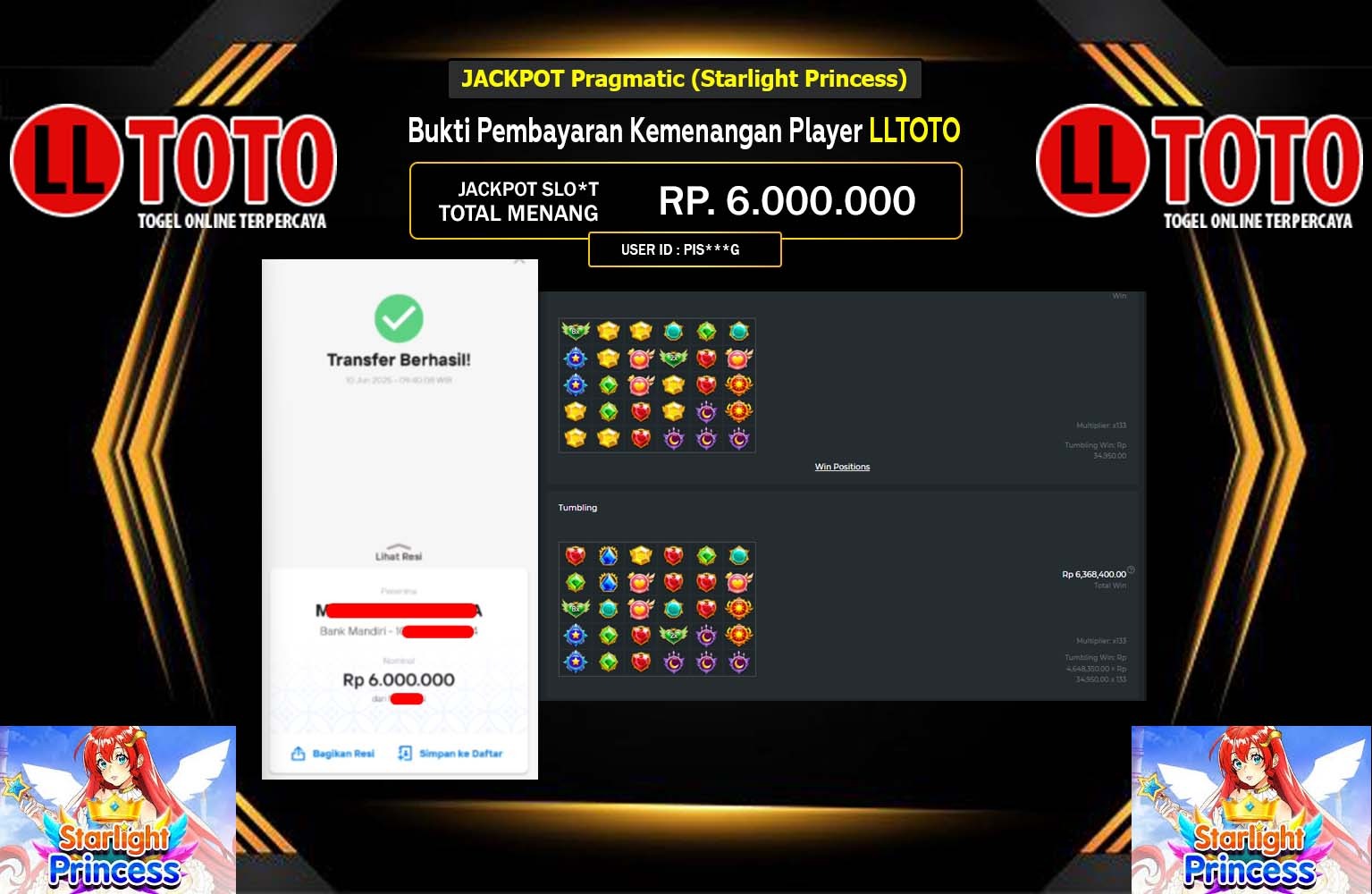 LLTOTO JACKPOT Pragmatic (Starlight Princess) Rp.6.000.000,- LUNAS