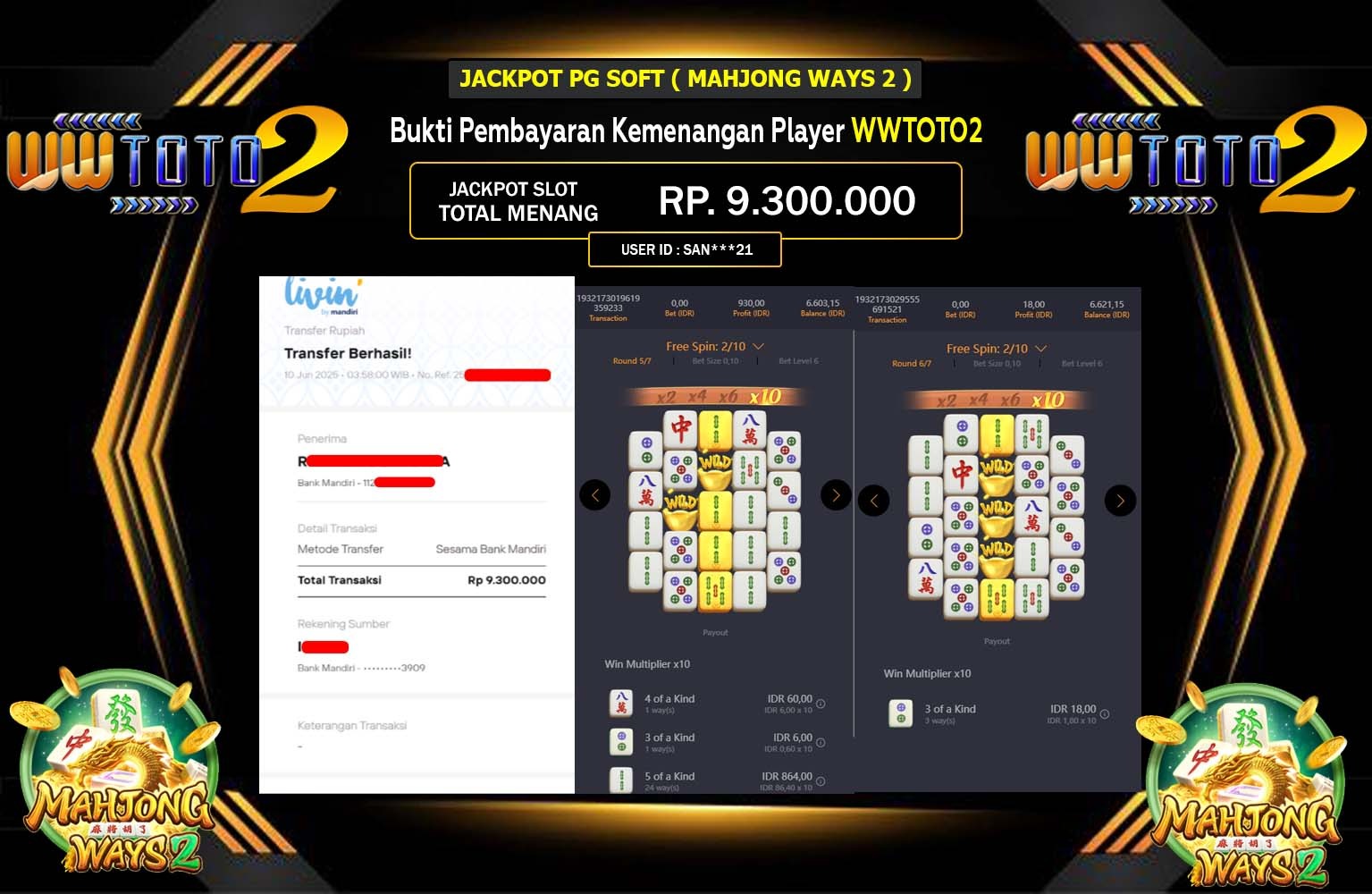 WWTOTO2 JACKPOT MAHJONG WAYS 2 Rp.9.300.000,- LUNAS