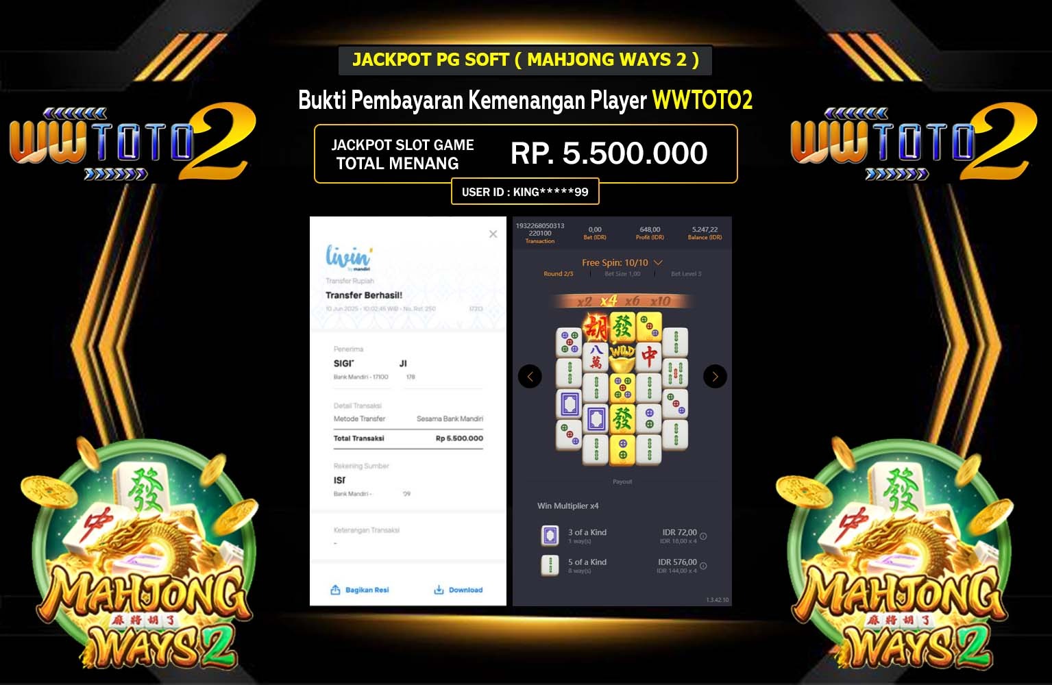 WWTOTO2 JACKPOT PG SOFT MAHJONG WAYS 2 Rp.5.500.000,- LUNAS