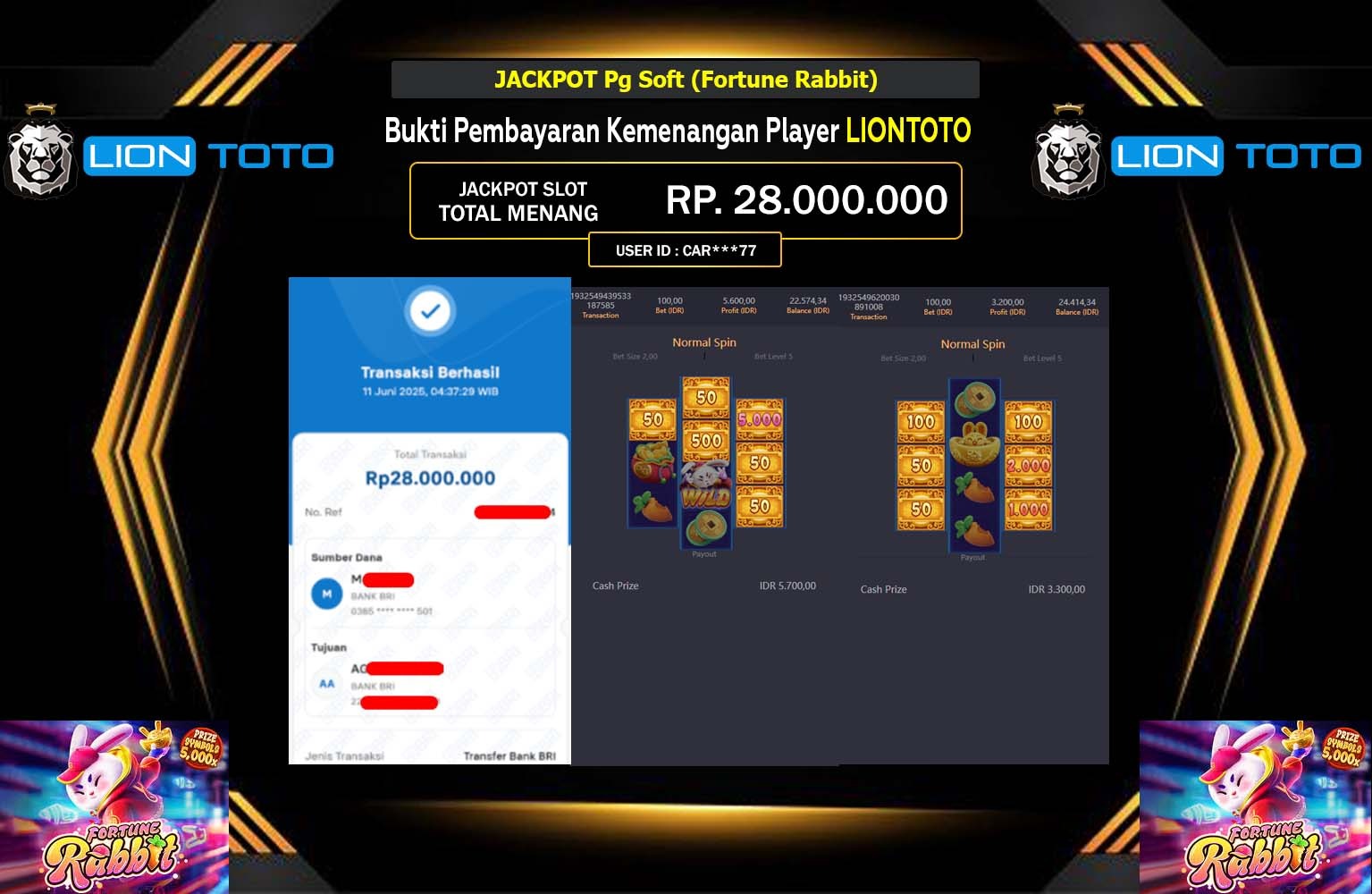 LIONTOTO JACKPOT Pg Soft (Fortune Rabbit) Rp.28.000.000,- LUNAS