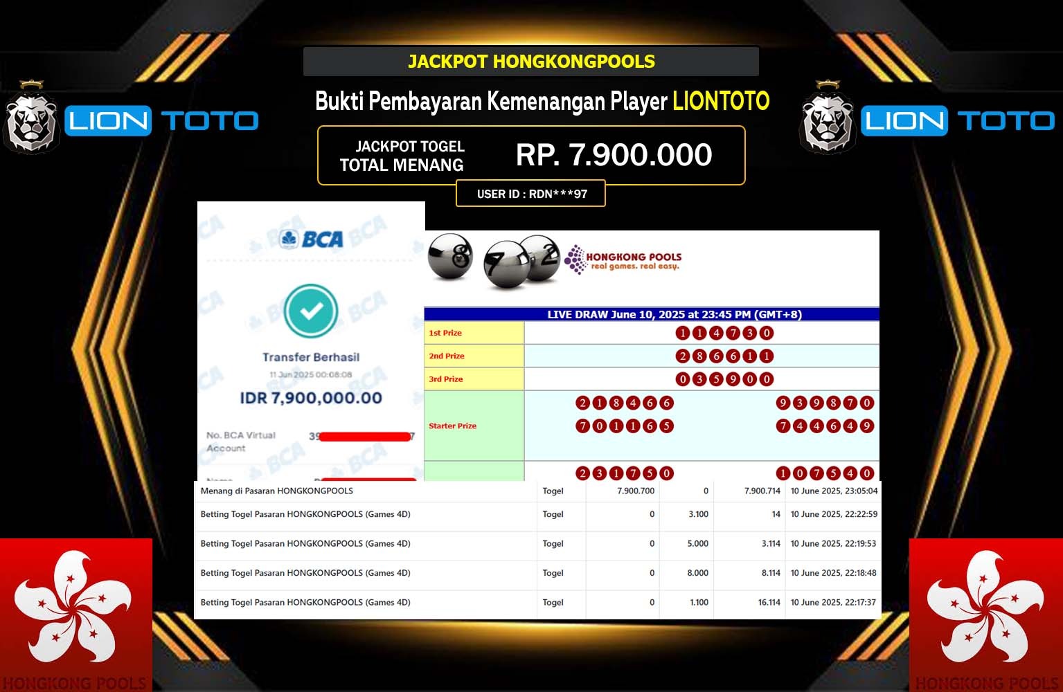 LIONTOTO JACKPOT HONGKONGPOOLS  2 Rp.7.900.000,- LUNAS