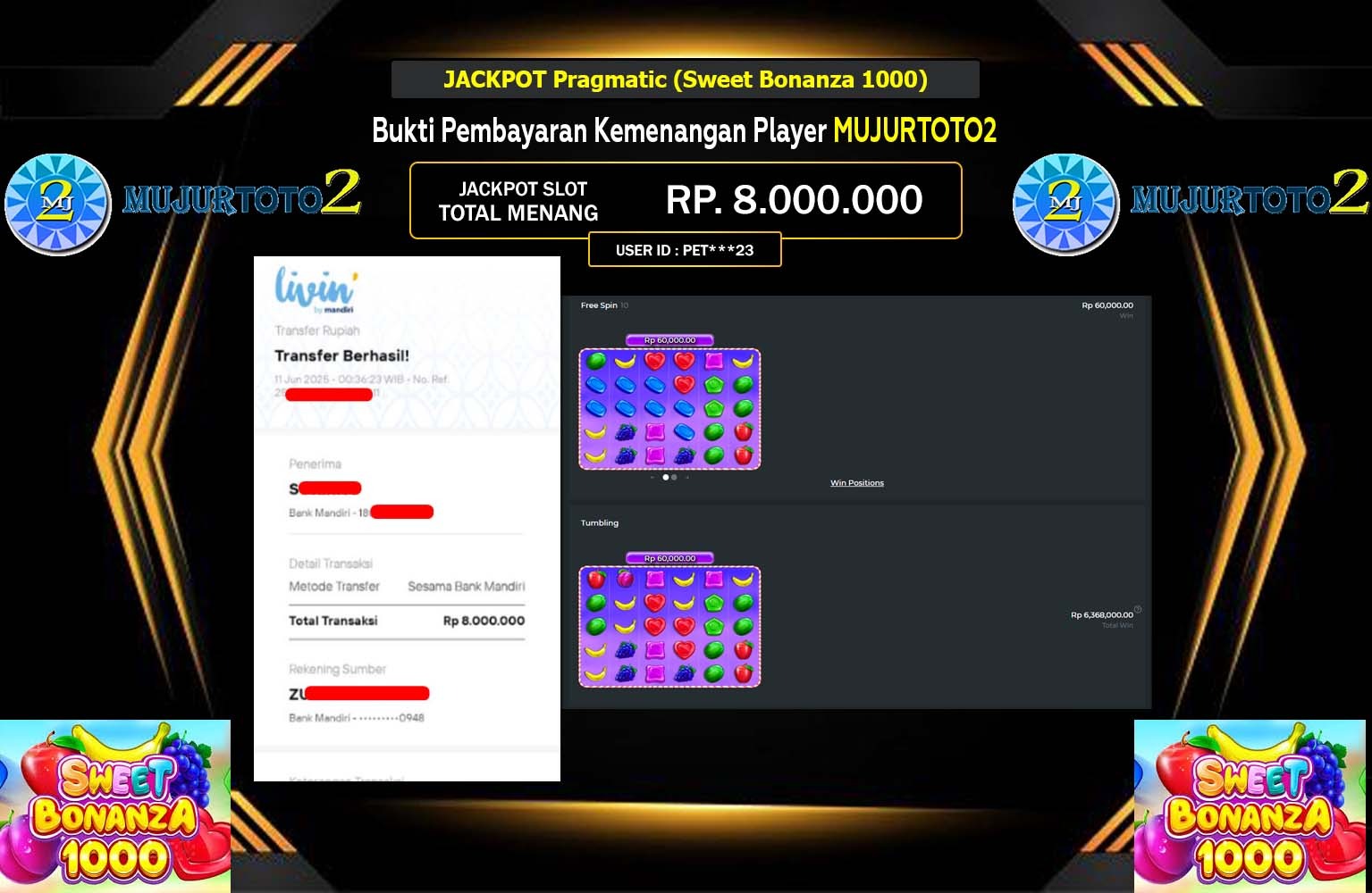 MUJURTOTO2 JACKPOT SWEET BONANZA 1000 Rp.8.000.000,- LUNAS