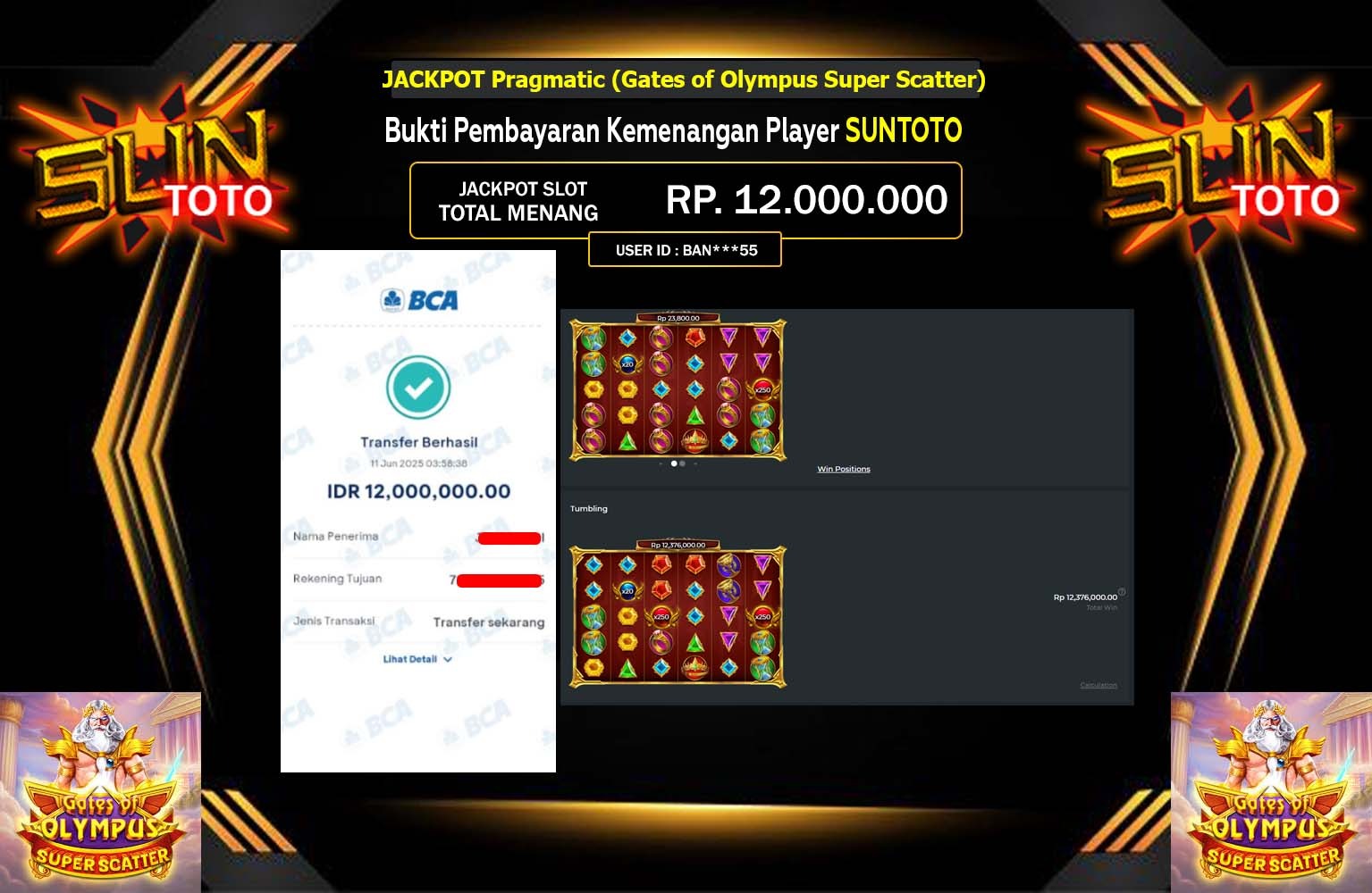 SUNTOTO JACKPOT Pragmatic (Gates of Olympus Super Scatter) Rp.12.000.000,- LUNAS