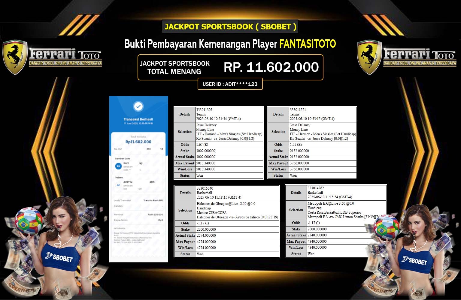 FANTASITOTO JACKPOT SPORTSBOOK SBOBET Rp.11.602.000,- LUNAS