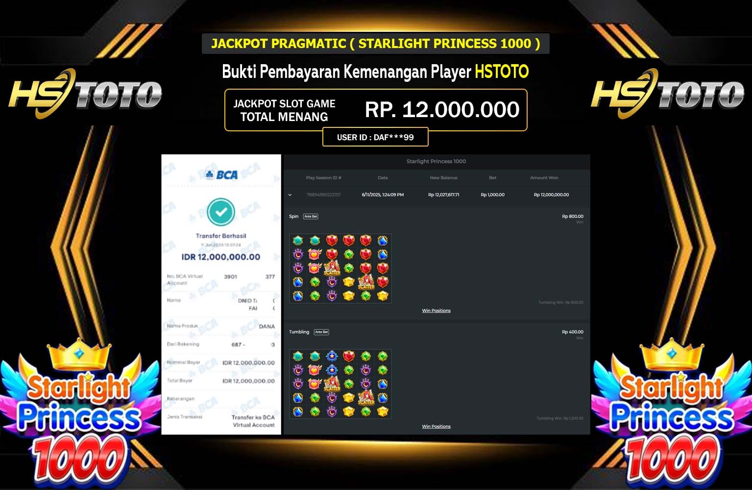 HSTOTO JACKPOT Starlight Princess 1000 Rp.12.000.000,- LUNAS
