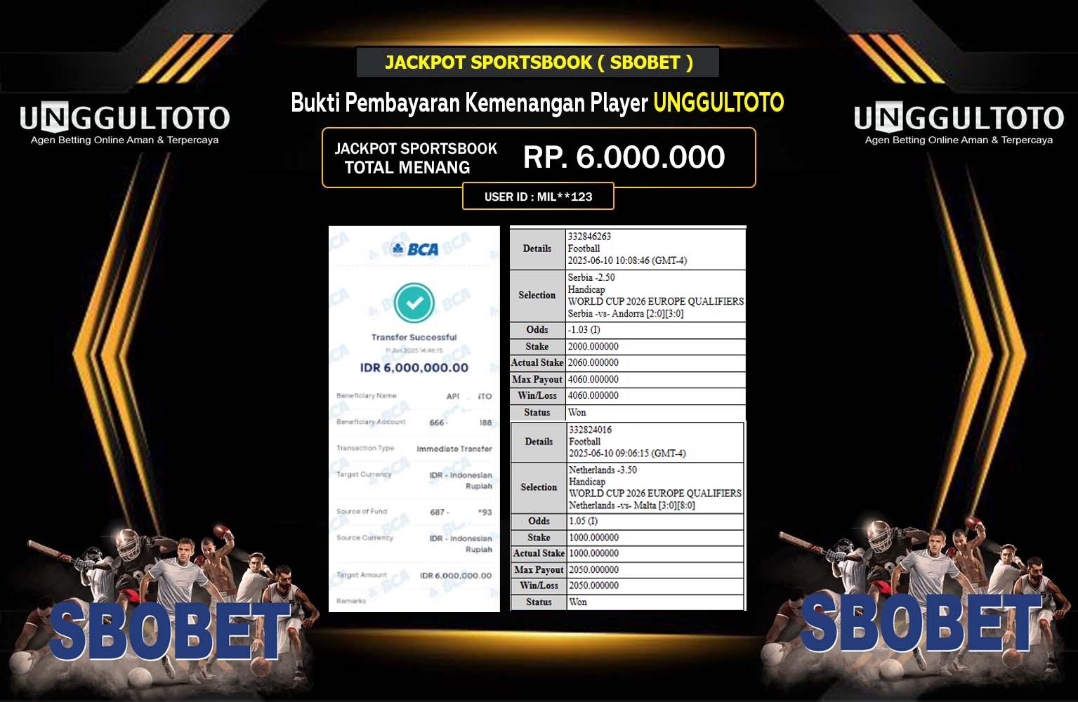 UNGGULTOTO JACKPOT SPORTSBOOK SBOBET Rp.6.000.000,- LUNAS