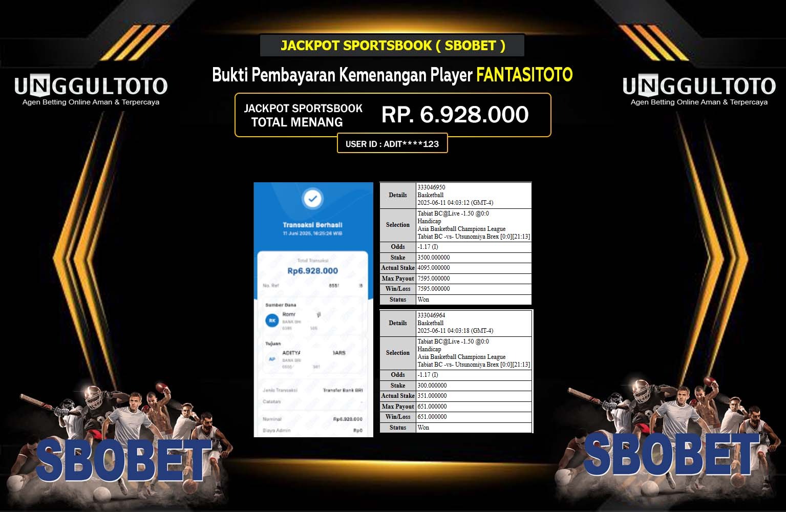 FANTASITOTO JACKPOT SPORTSBOOK SBOBET Rp.6.928.000,- LUNAS