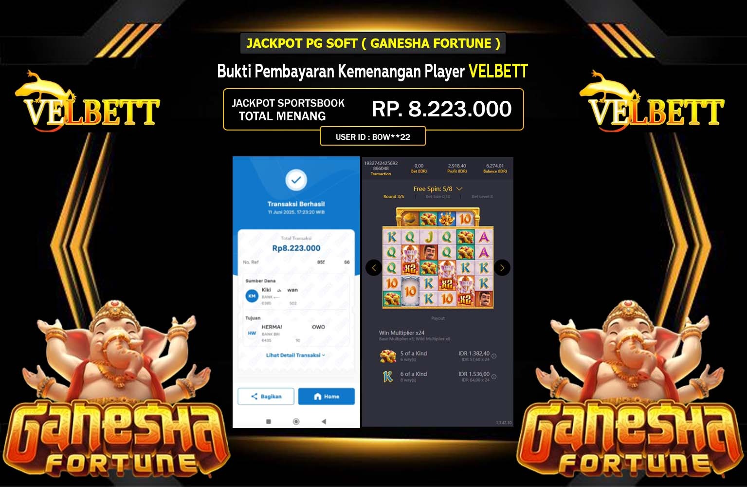 VELBETT JACKPOT Pg Soft (Ganesha Fortune) Rp.8.223.000,- LUNAS