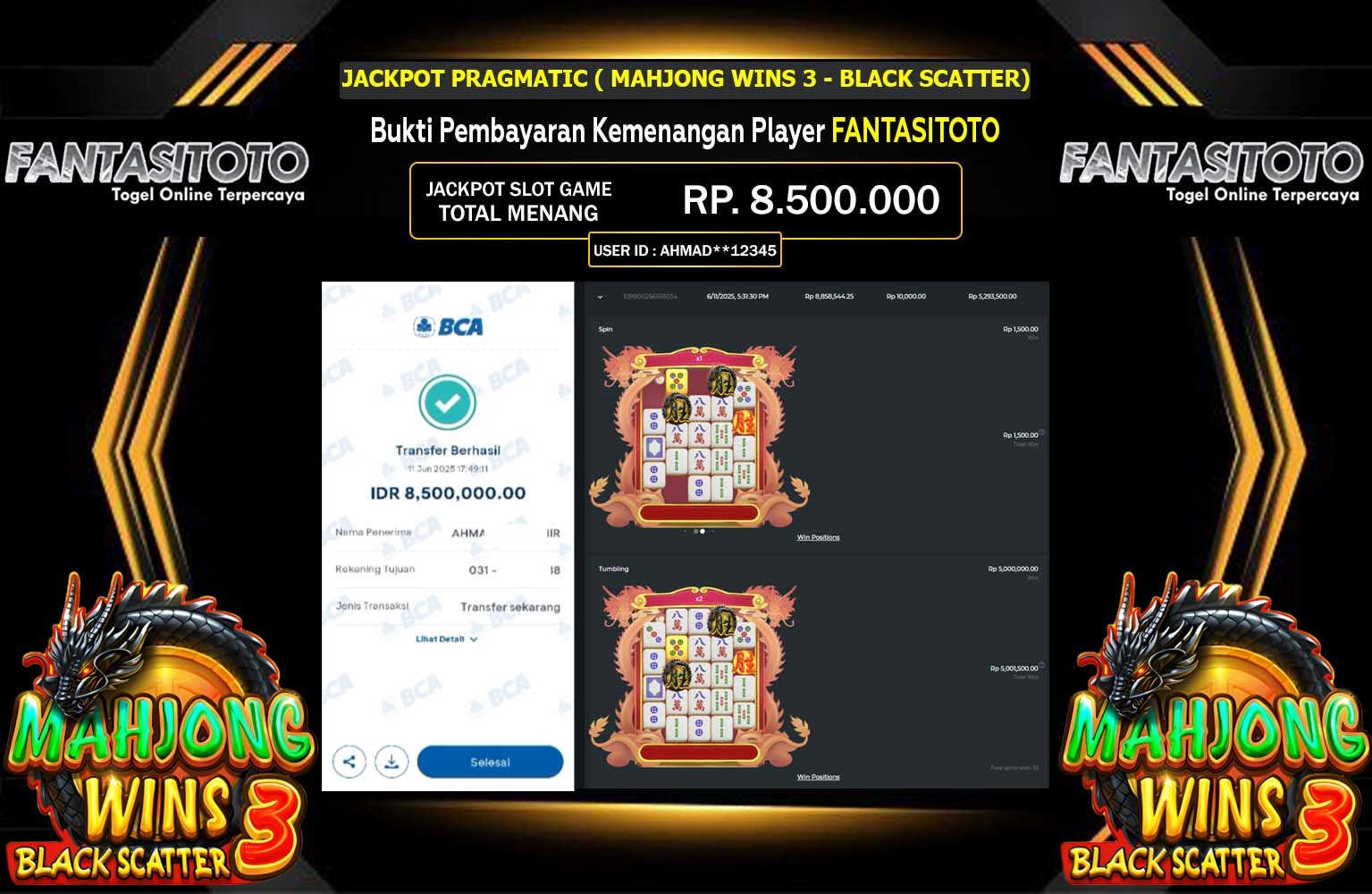 FANTASITOTO JACKPOT Mahjong Wins 3 - Black Scatter Rp.8.500.000,- LUNAS