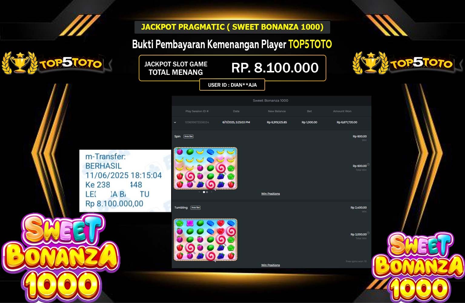 TOP5TOTO JACKPOT SWEET BONANZA 1000 Rp.8.100.000,- LUNAS