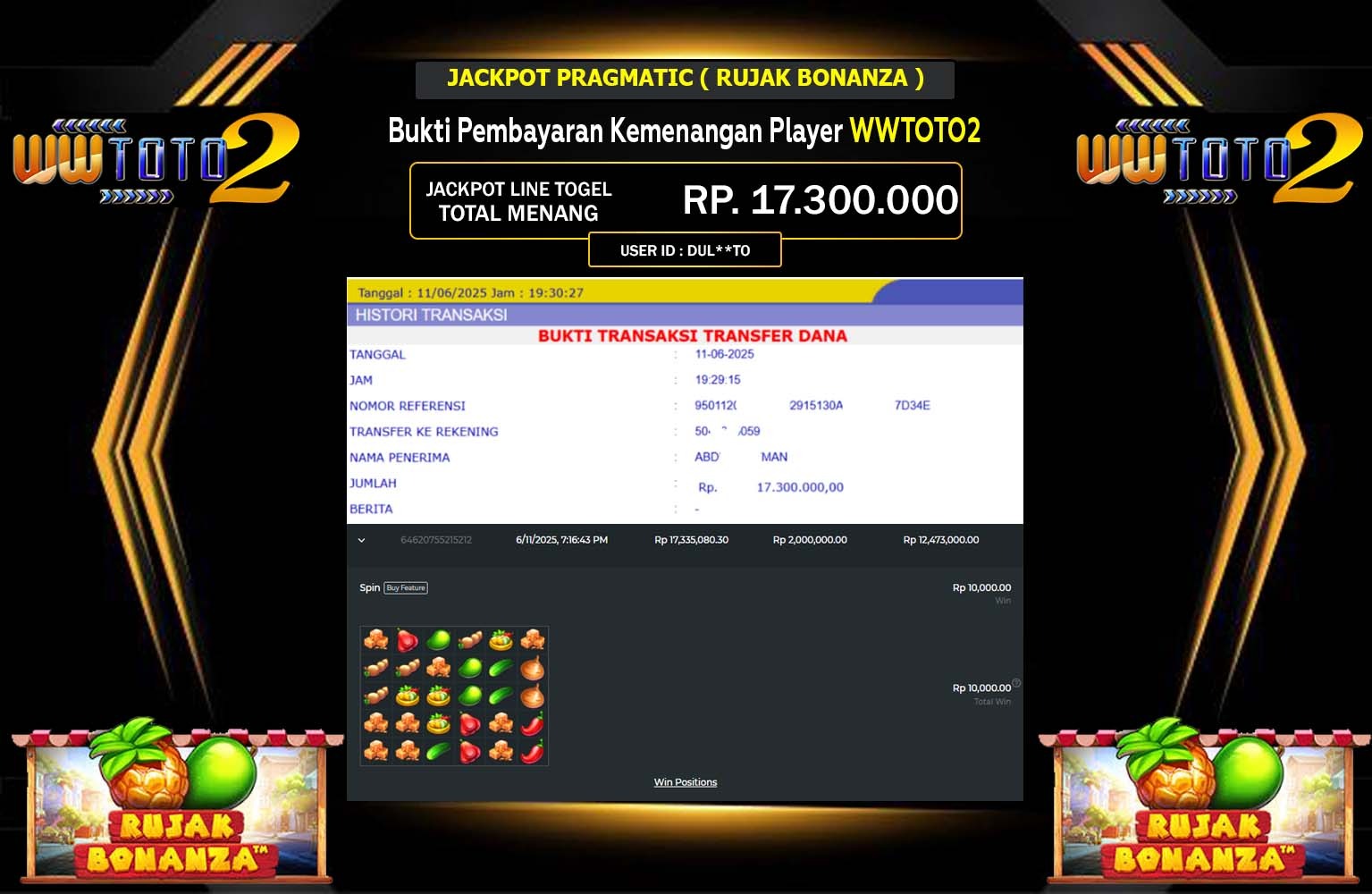 WWTOTO2 JACKPOT PRAGMATIC RUJAK BONANZA Rp.17.300.000,- LUNAS