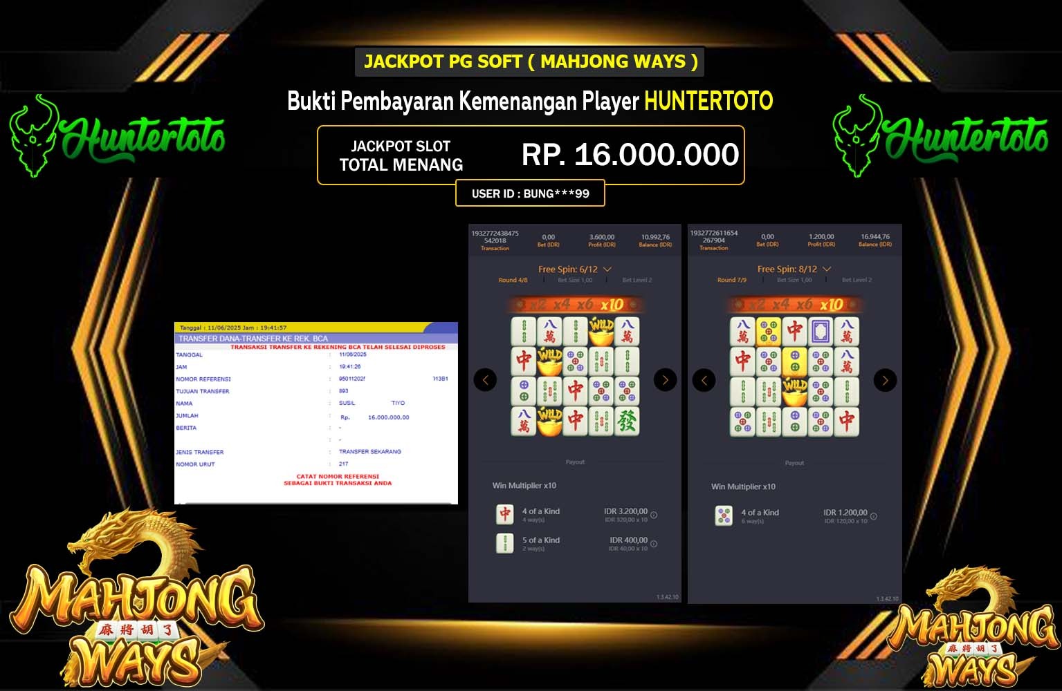 HUNTERTOTO JACKPOT PG SOFT MAHJONG WAYS Rp.16.000.000,- LUNAS