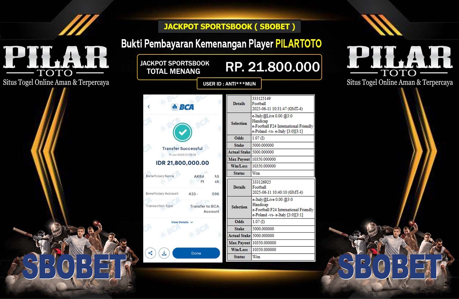 PILARTOTO JACKPOT SPORTSBOOK SBOBET Rp.21.800.000,- LUNAS