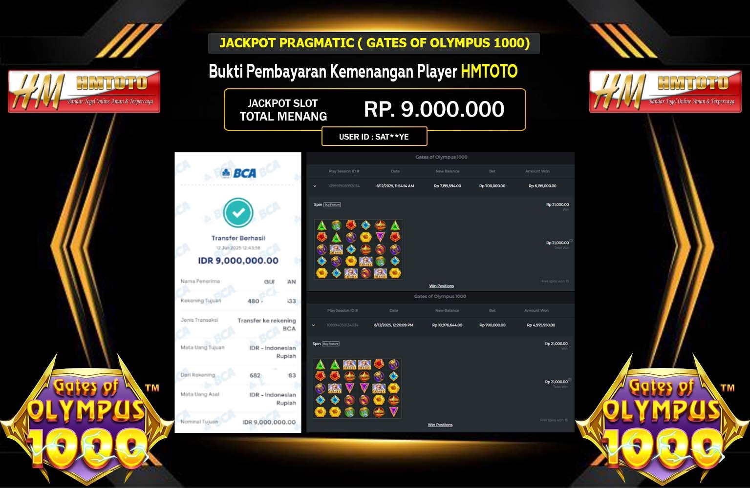HMTOTO JACKPOT PRAGMATIC Gates of Olympus 1000 Rp.9.000.000,- LUNAS