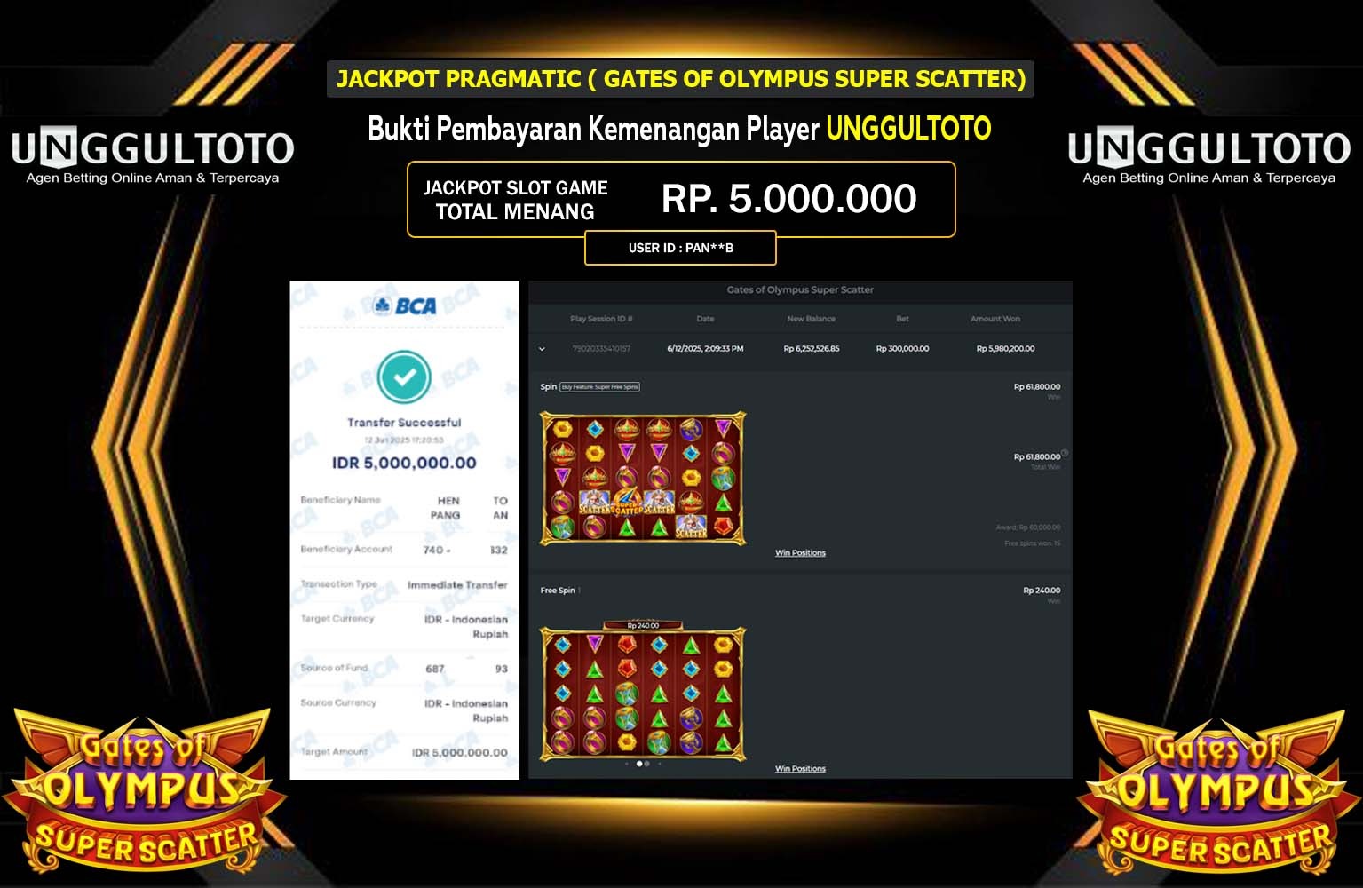 UNGGULTOTO JACKPOT Pragmatic (Gates of Olympus Super Scatter) Rp.5.000.000,- LUNAS