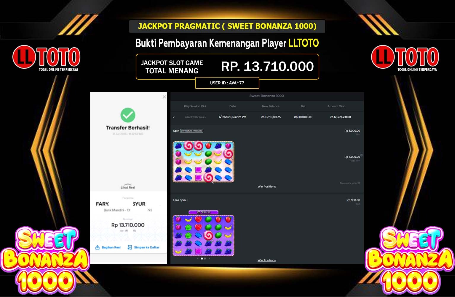 LLTOTO JACKPOT PRAGMATIC SWEET BONANZA 1000 Rp.13.710.000,- LUNAS