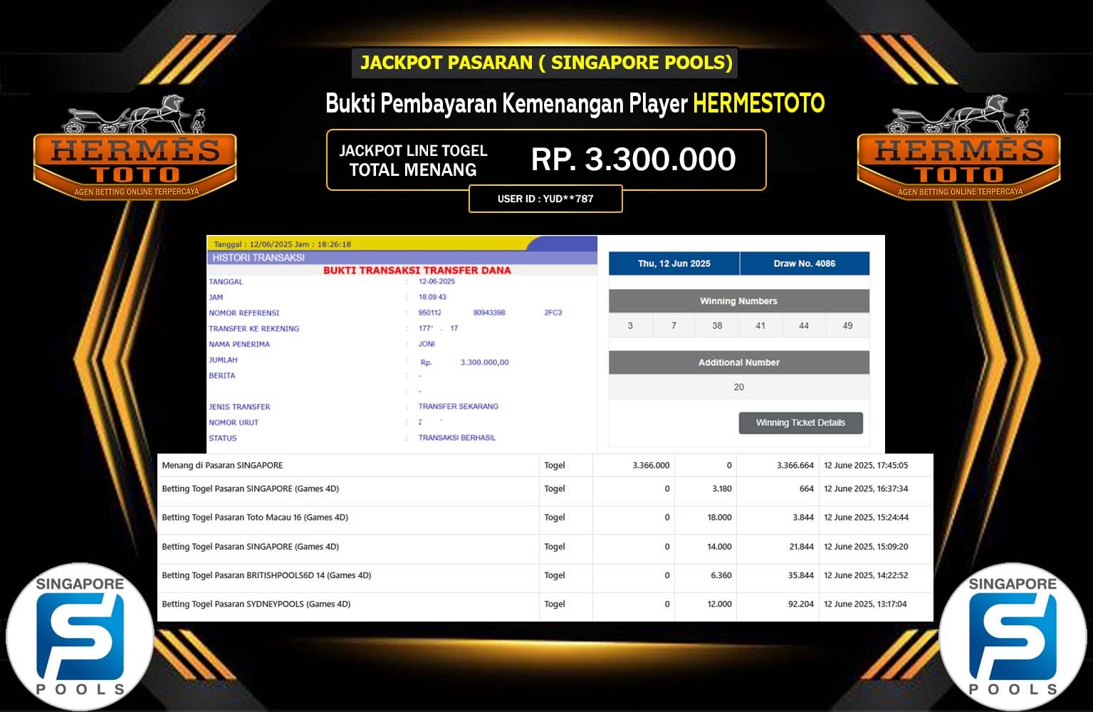 HERMESTOTO JACKPOT PASARAN SINGAPORE POOLS Rp.3.300.000,- LUNAS