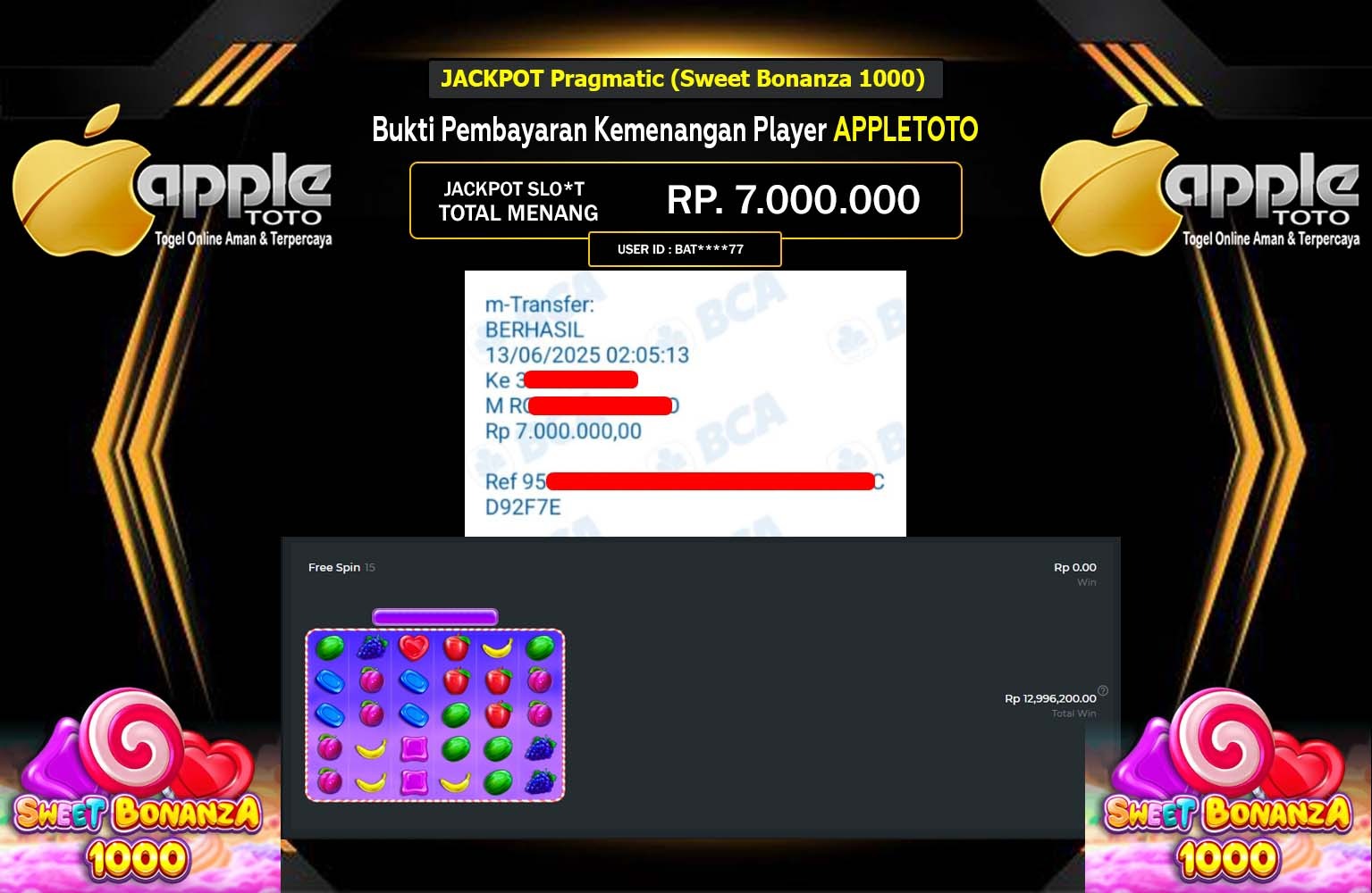 APPLETOTO JACKPOT SWEET BONANZA 1000 Rp.7.000.000,- LUNAS