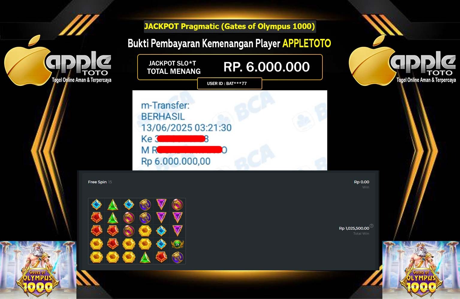 APPLETOTO JACKPOT Pragmatic (Gates of Olympus 1000) Rp.6.000.000,- LUNAS