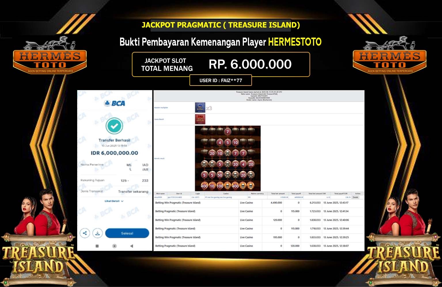 HERMESTOTO JACKPOT PRAGMATIC TREASURE ISLAND Rp.6.000.000,- LUNAS