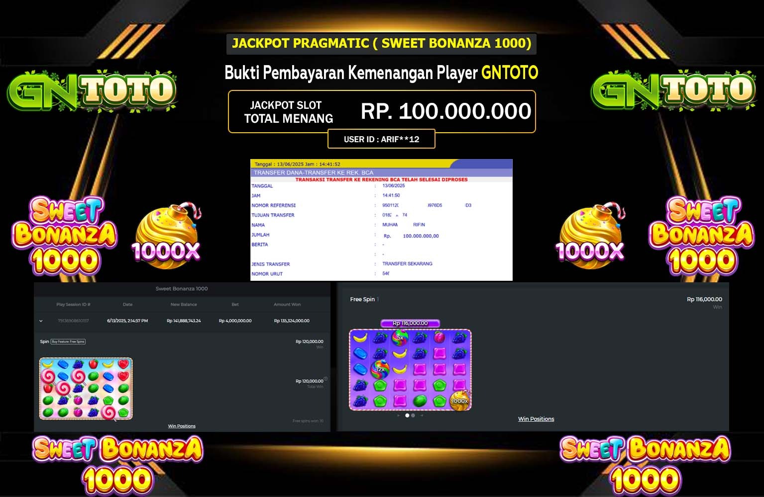 GNTOTO JACKPOT PRAGMATIC SWEET BONANZA 1000 Rp.100.000.000,- LUNAS