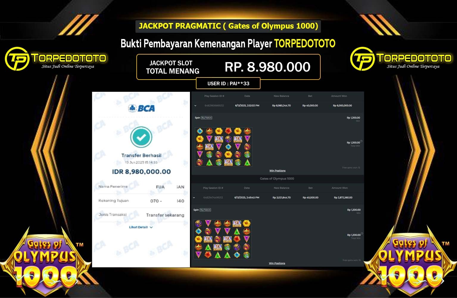 TORPEDOTOTO JACKPOT PRAGMATIC GATES OF OLYMPUS 1000 Rp.8.980.000,- LUNAS