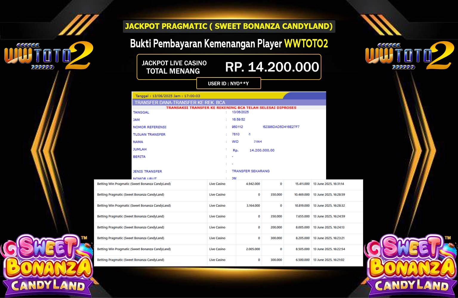 WWTOTO2 JACKPOT PRAGMATIC SWEET BONANZA CANDYLAND Rp.14.200.000,- LUNAS