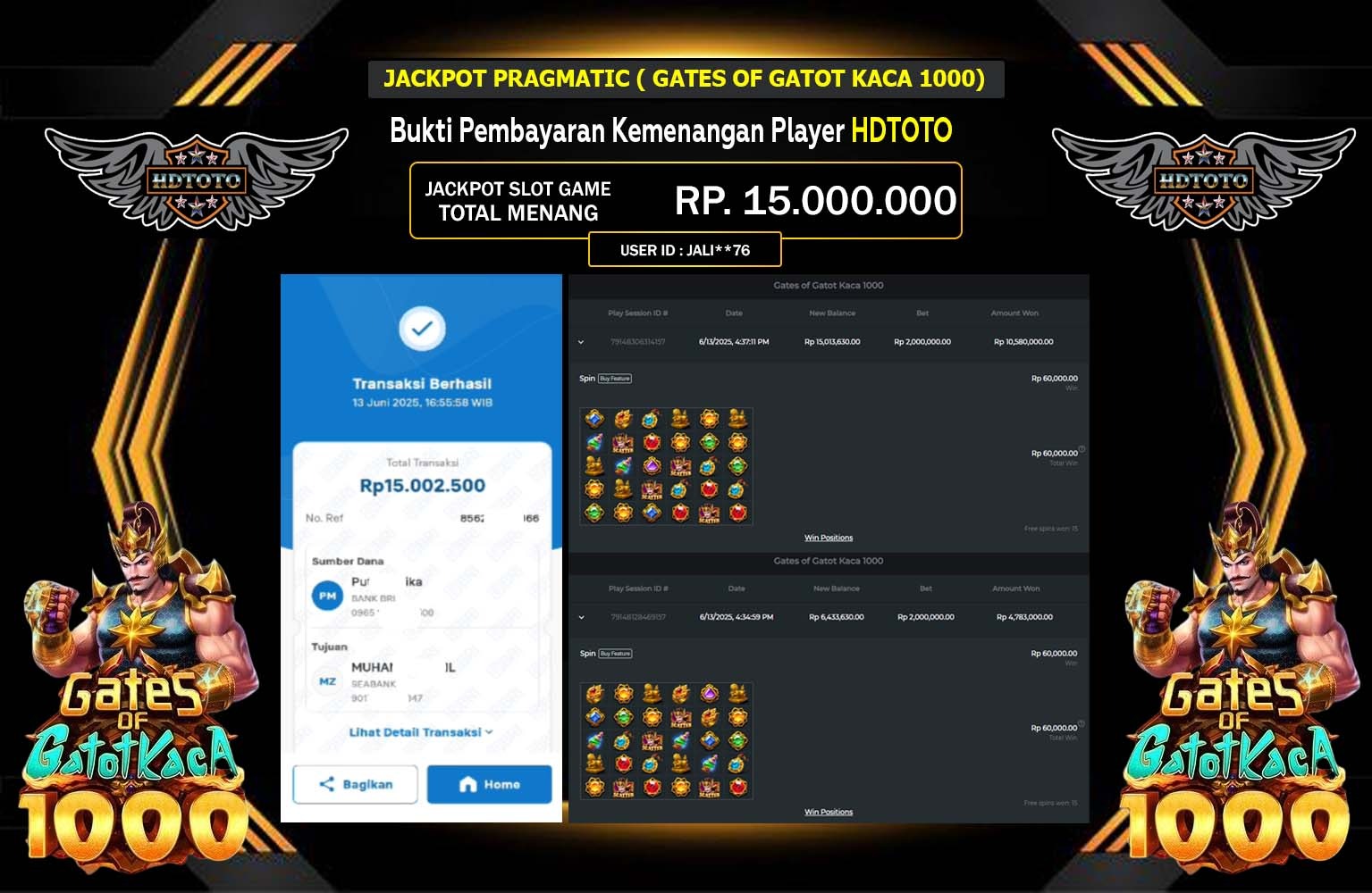 HDTOTO JACKPOT PRAGMATIC GATES OF GATOT KACA 1000 Rp.15.000.000,- LUNAS