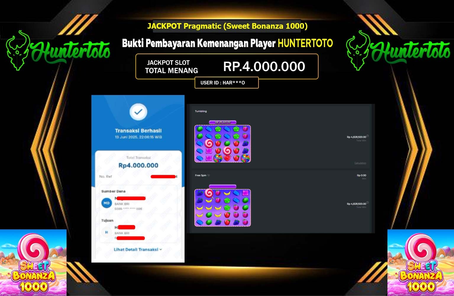 HUNTERTOTO JACKPOT Pragmatic (Sweet Bonanza 1000) Rp.4.000.000,- LUNAS