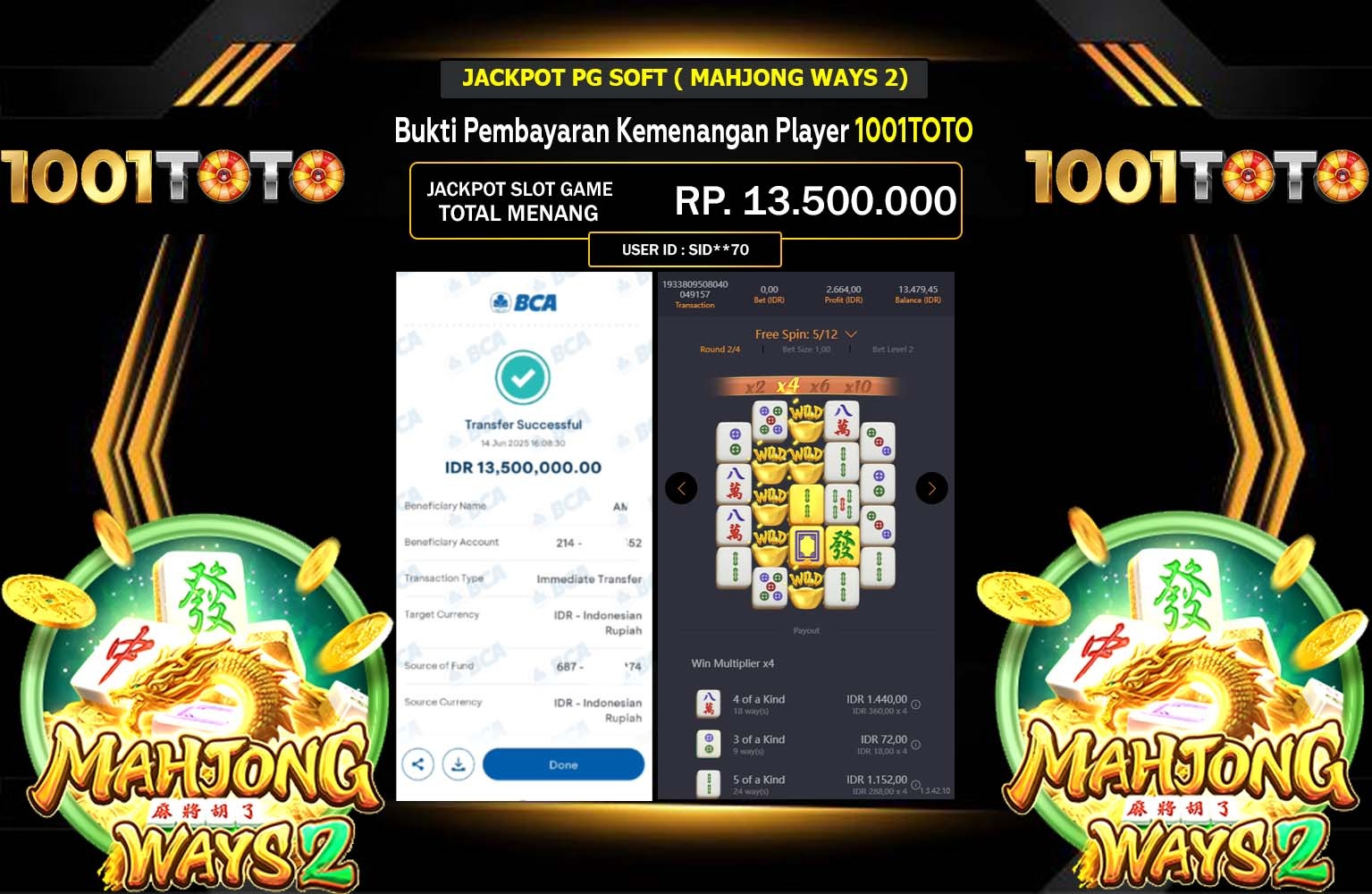 1001TOTO JACKPOT PG SOFT MAHJONG WAYS 2 Rp.13.500.000,- LUNAS