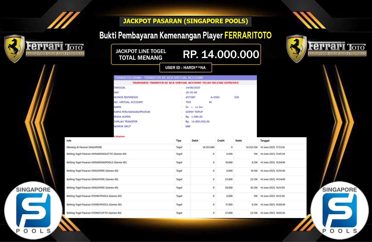 FERRARITOTO JACKPOT PASARAN SINGAPORE POOLS Rp.14.000.000,- LUNAS