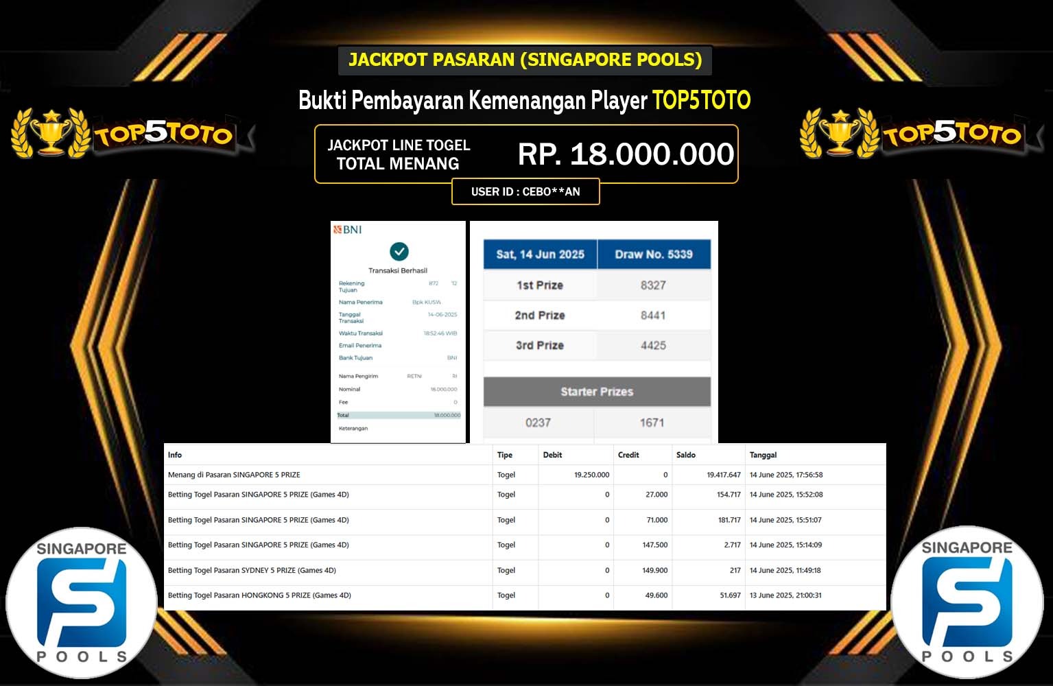 TOP5TOTO JACKPOT PASARAN SINGAPORE POOLS Rp.18.000.000,- LUNAS