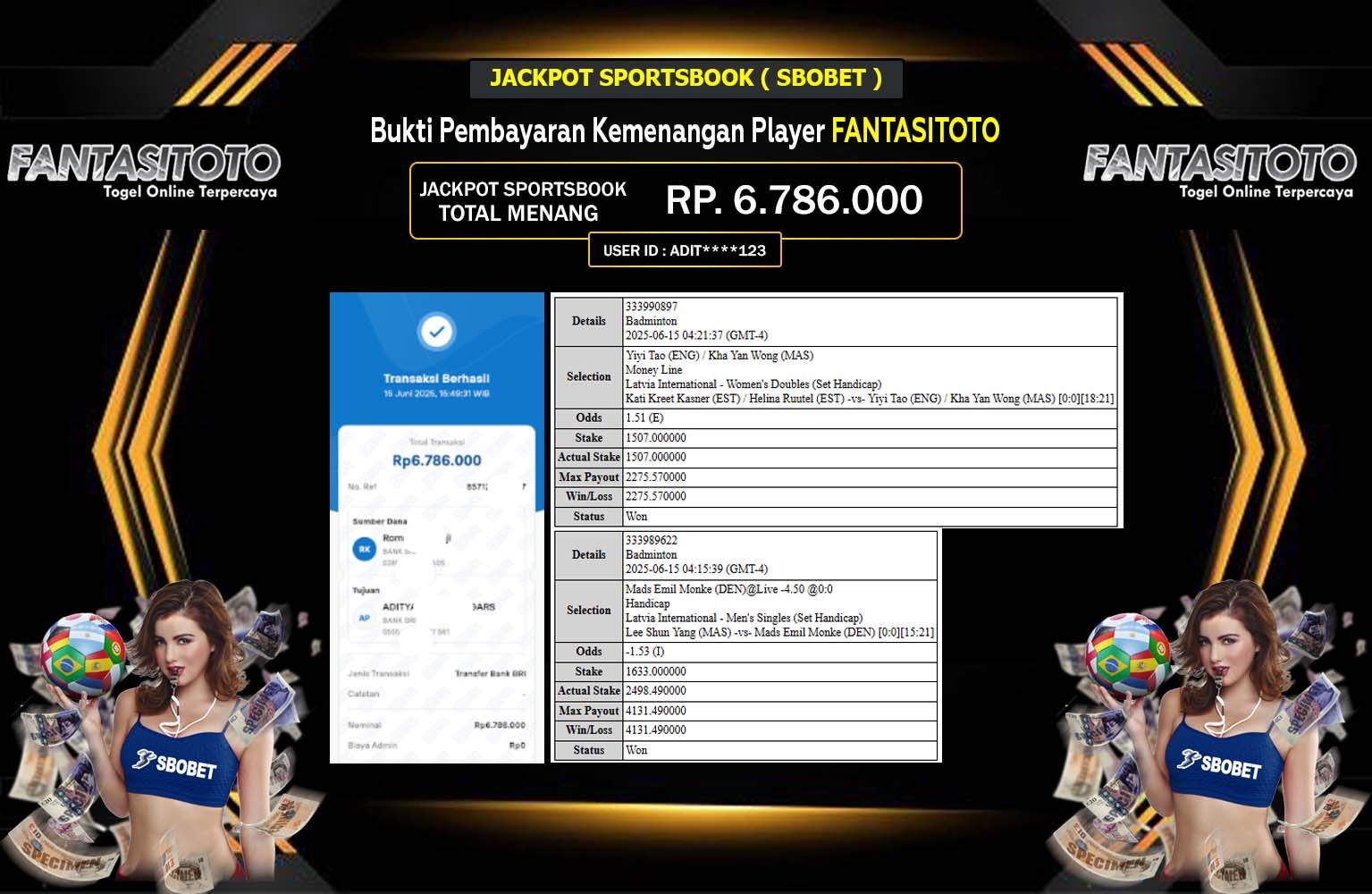 FANTASITOTO JACKPOT SPORTSBOOK SBOBET Rp.6.786.000,- LUNAS