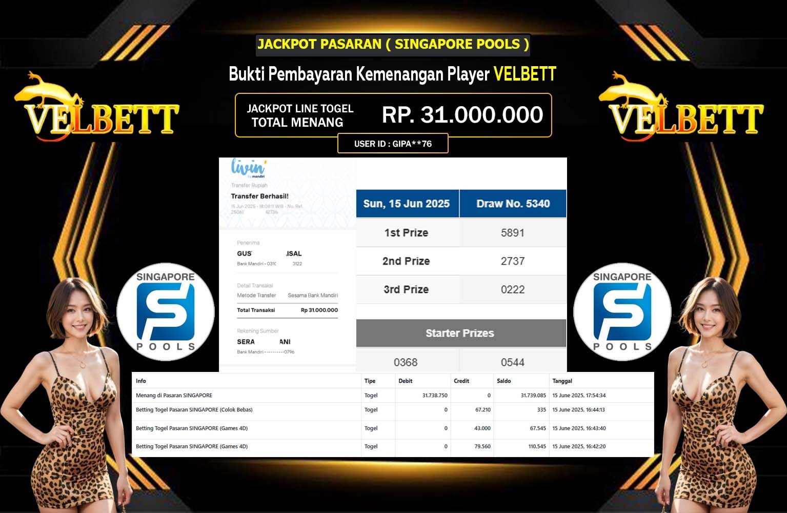 VELBETT JACKPOT PASARAN SINGAPORE POOLS Rp.31.000.000,- LUNAS